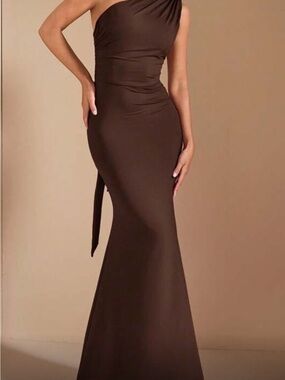 SHEIN BAE Elegant One-Shoulder Brown Evening Gown